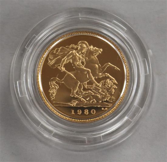 An Elizabeth II gold proof half sovereign, 1980 3.99g net